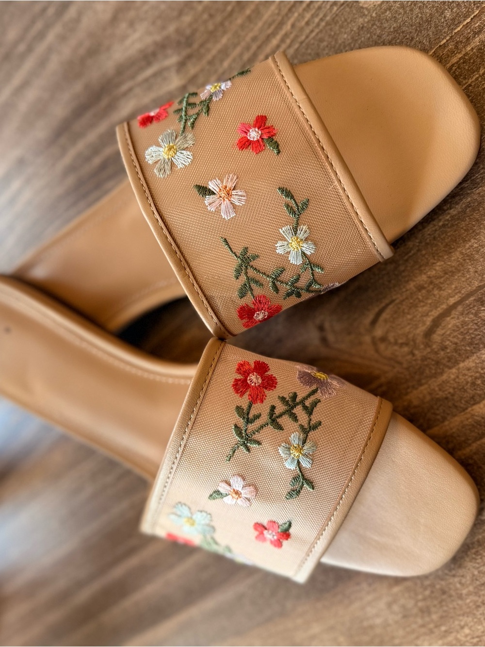 a new day Tan Floral Embroidered Slide Sandals